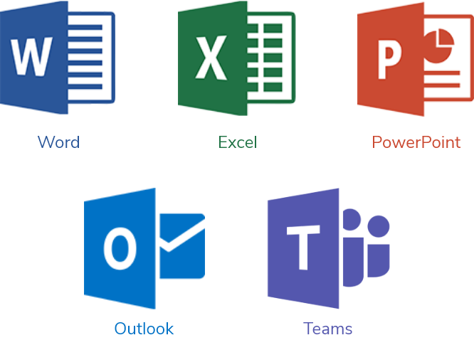 ícones do Word, Excel, PowerPoint, Outlook e Teams.